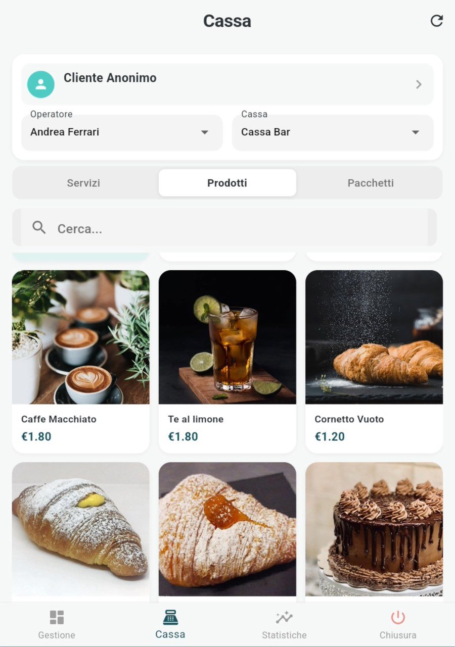 Cassa M04_CASH con il listino di un bar: caffè, tè freddo, cornetti e dolci