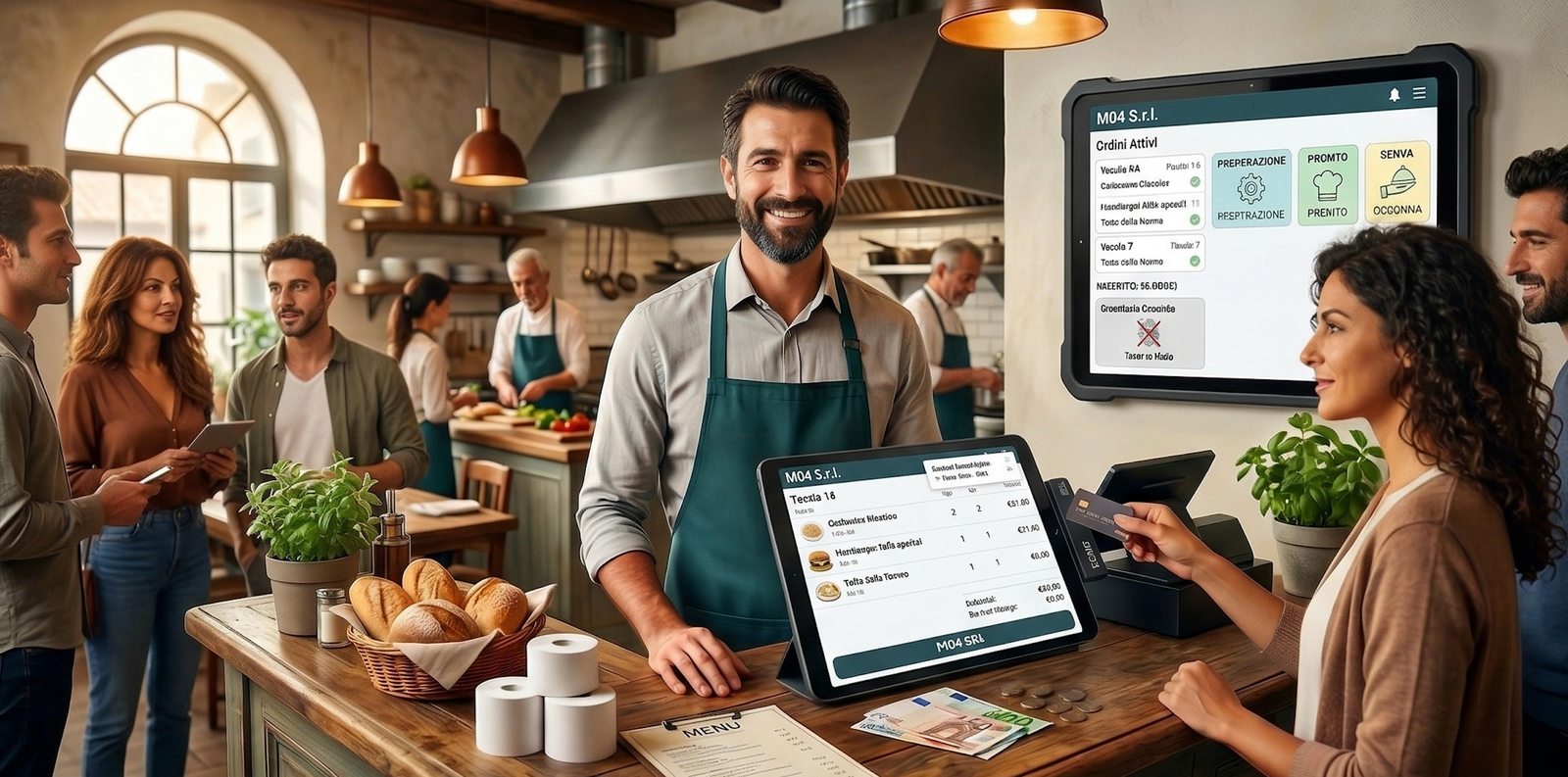 Ristoratore con M04_CASH alla cassa, clienti in sala e display cucina