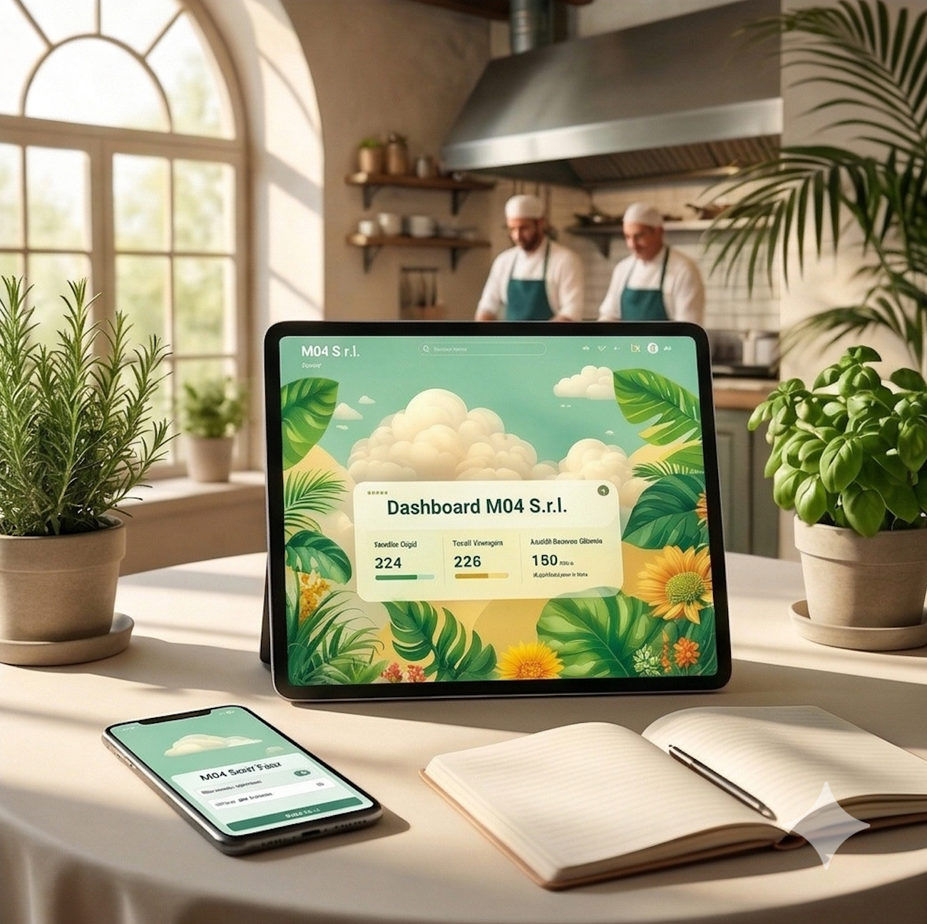 Dashboard M04_CASH con statistiche ristorante su tablet e smartphone